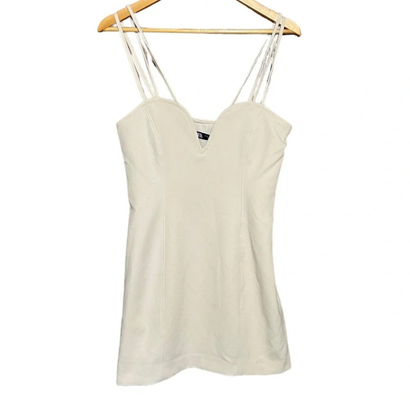 NWT Zara Cream Off White Tan Sweetheart Neckline Mini Dress‎ Size Medium - Picture 4 of 10